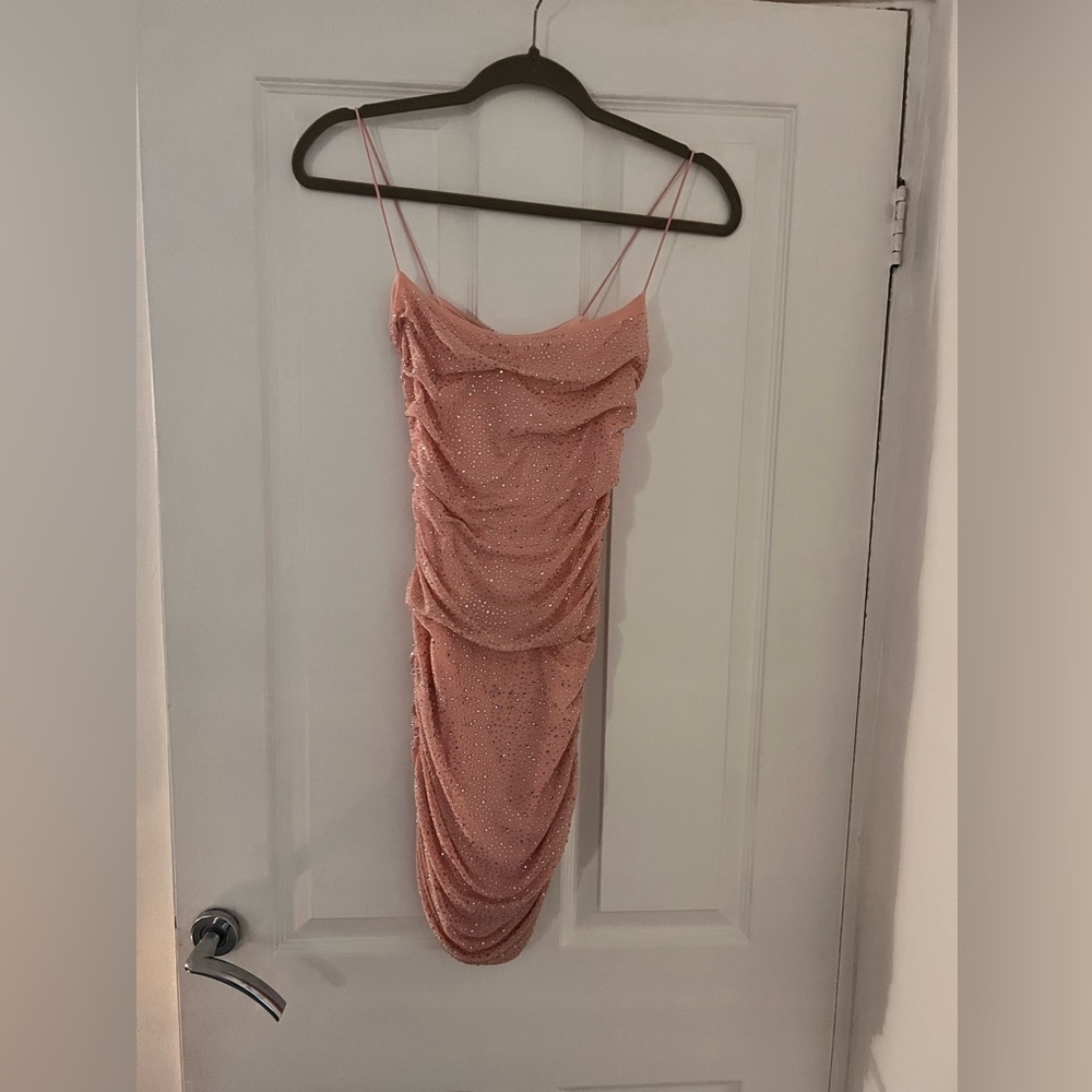 Oh Polly Pink Glitter Cowl Neck Ruched Mini Dress Bodycon Size US 4 - Picture 2 of 9